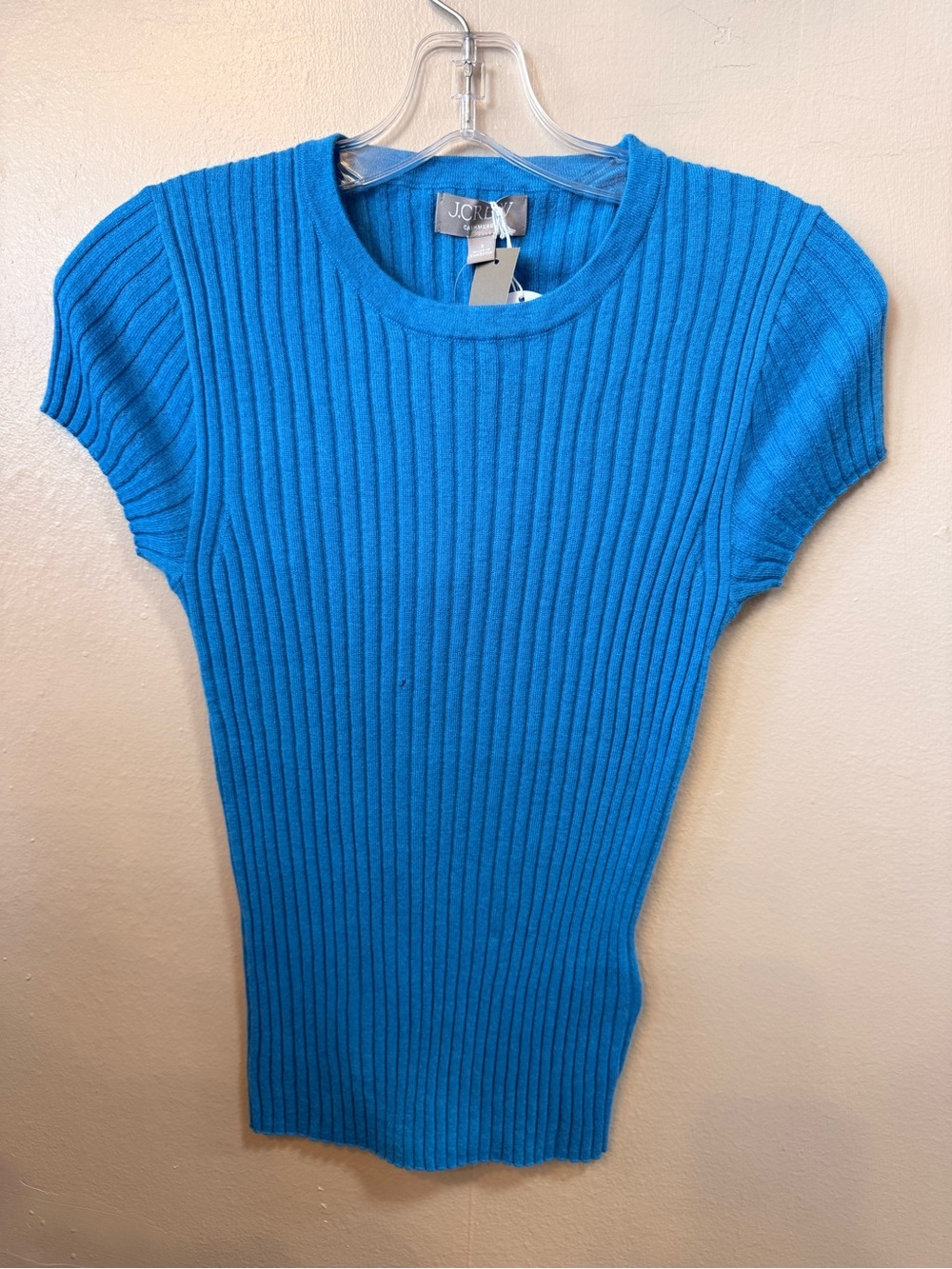 J.Crew Cashmere Ribbed Short Sleeve Sweater Top Blue Small NWT Flaw